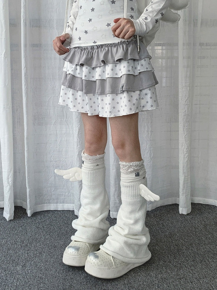 Light Gray Layered Ruffle Skirt with Star Pattern - Solkatt