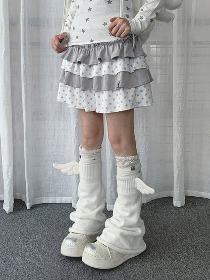 Light Gray Layered Ruffle Skirt with Star Pattern - Solkatt