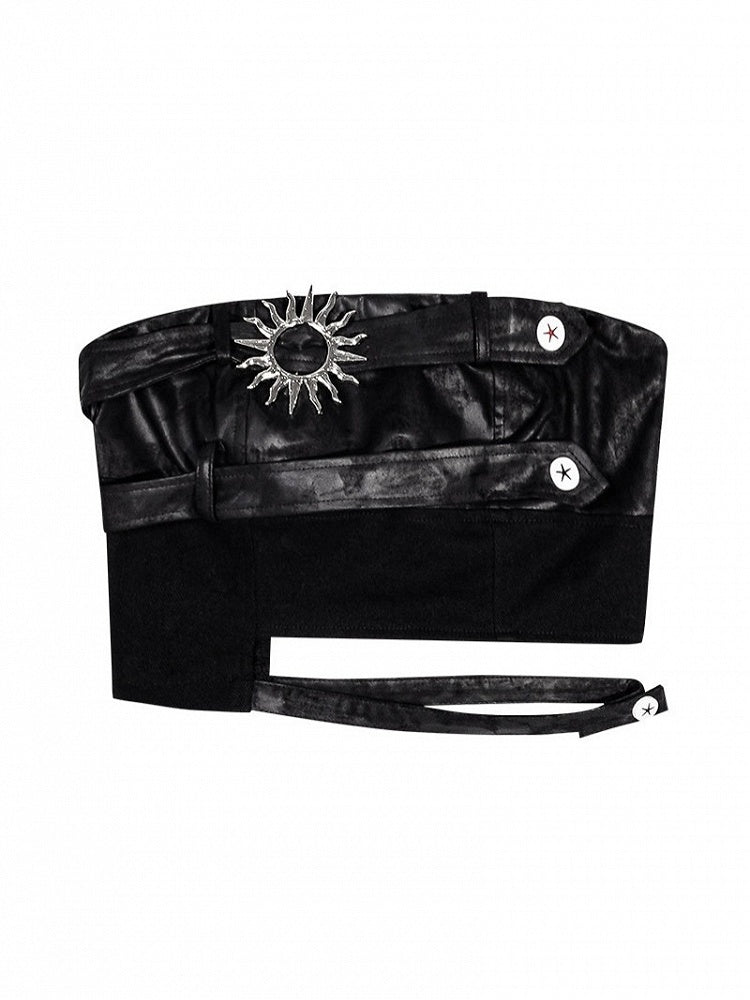 Punk Black Cut-out Strapless Top with Metal Sun Embellishment