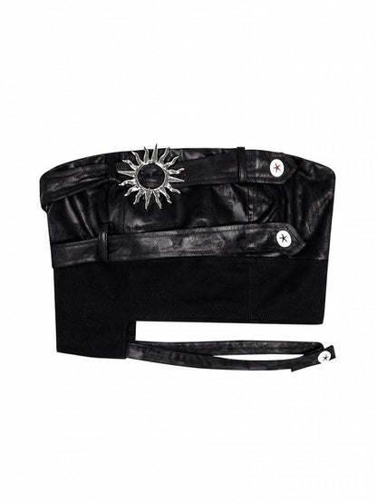 Punk Black Cut-out Strapless Top with Metal Sun Embellishment