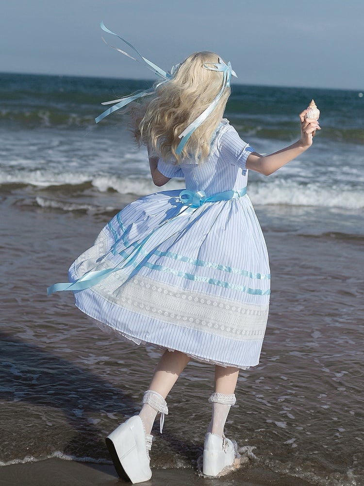 Sailor Muster Verfügbar Plus Blau Lolita Kleid Größen Meer Kragen Jacquard Sommer Gestreiften Shell
