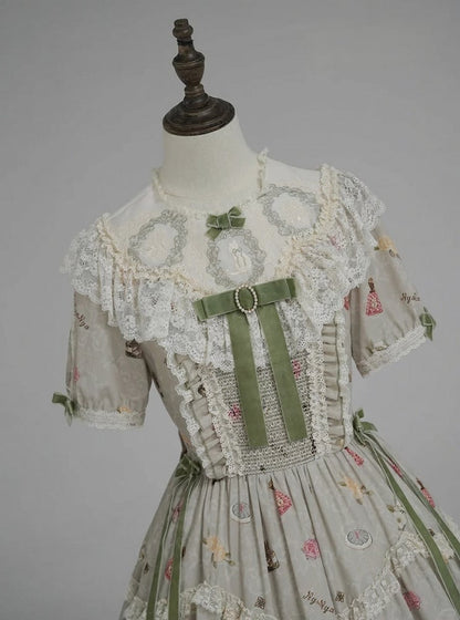 Green Cat Print Round Neck Sweet Lolita Dress with Lace Trim - NyaNya