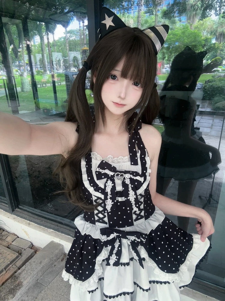 Black and White Polka Dot Elegant Halter Neck Dress / Black Peter Pan Collar Semi-Sheer Tulle Blouse