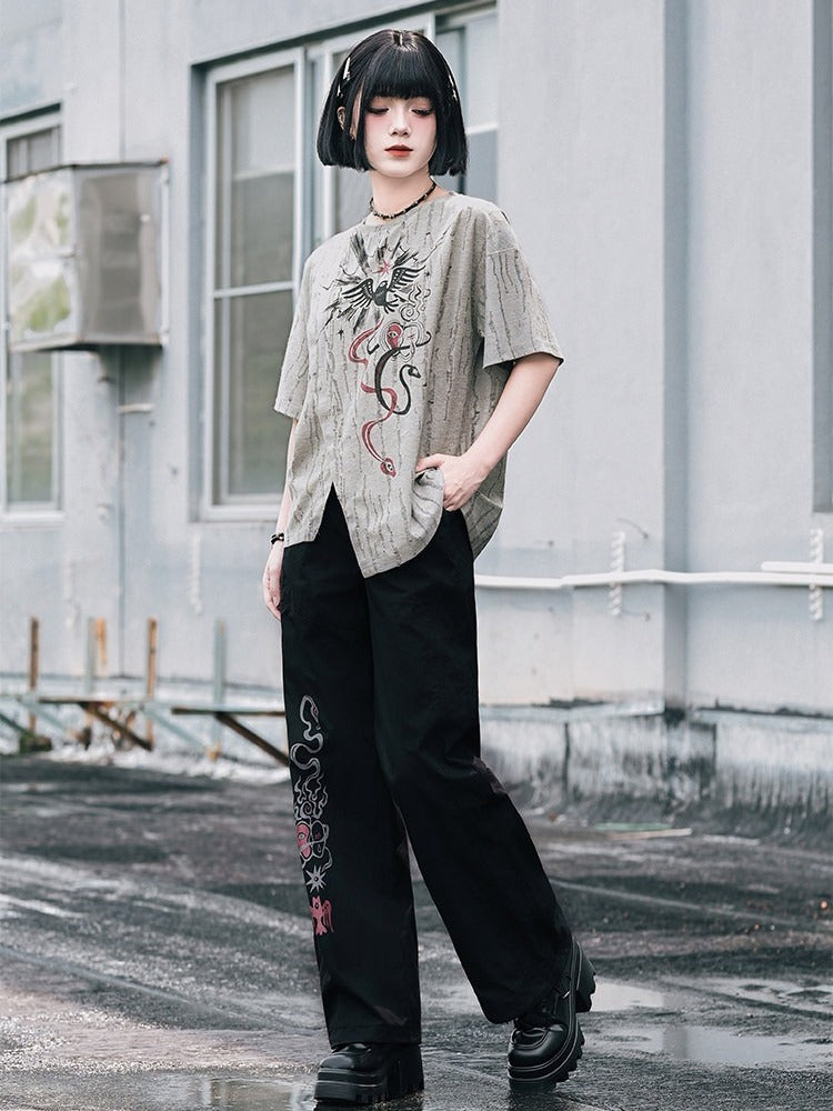 Gray Asymmetrical Short Sleeve T-Shirt with Print & Distress - Quirky Hut