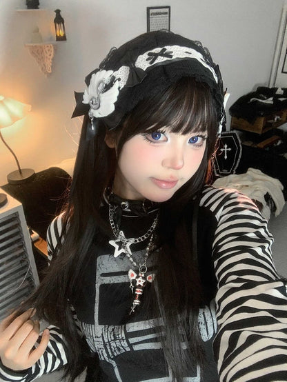 Hairband Black/White Note Bow with Musical Delicate Lace