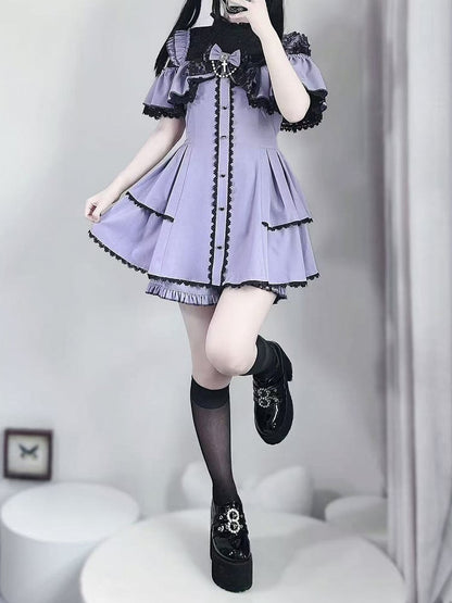 Violet Jirai Kei Short Sleeve Coord - Cross-Strap Illusion Neckline Dress & Matching Shorts