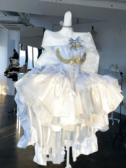 Bodice Neckline Princess Balletcore White Lolita Corset Blue Dress and Hime Off-the-shoulder