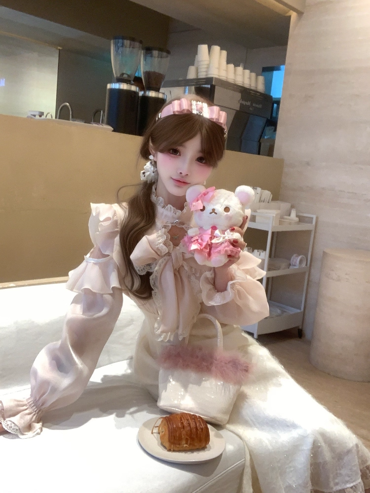 Shoulder Pink Dress and Clean Bow with Jirai Cutout Neckline Flutter Innocent Big Maxi Kei