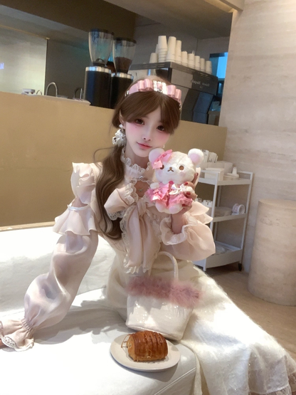 Shoulder Pink Dress and Clean Bow with Jirai Cutout Neckline Flutter Innocent Big Maxi Kei