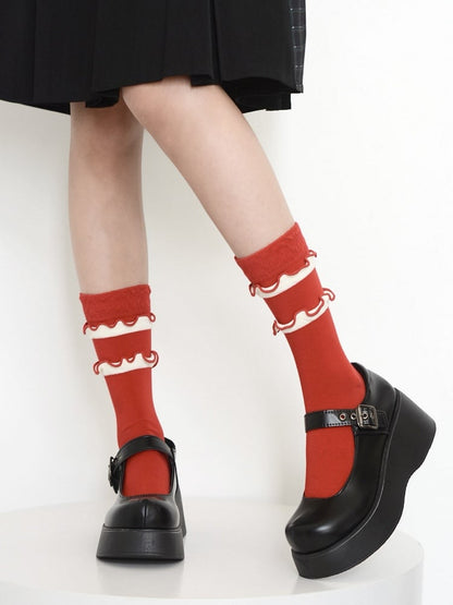 Socks Red Calf Ruffles White with