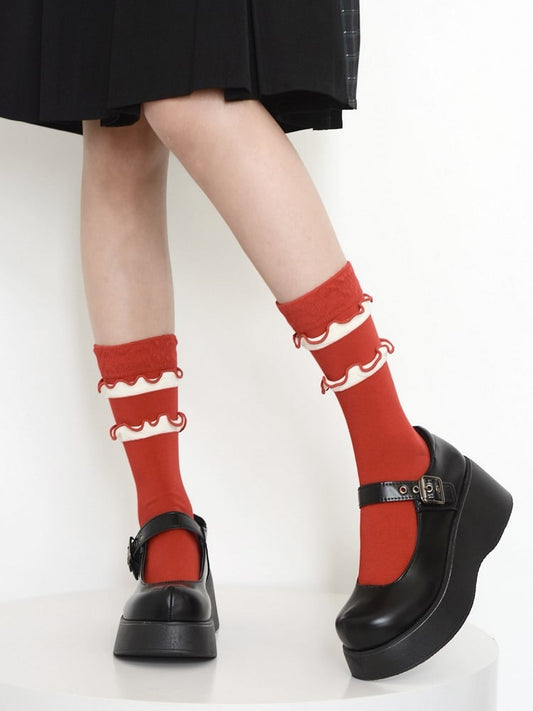 Socks Red Calf Ruffles White with