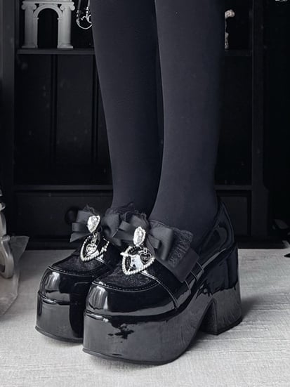 Platform Round Toe Heel with Jirai 9.5cm Block Black Shoes: Kei Slip-On