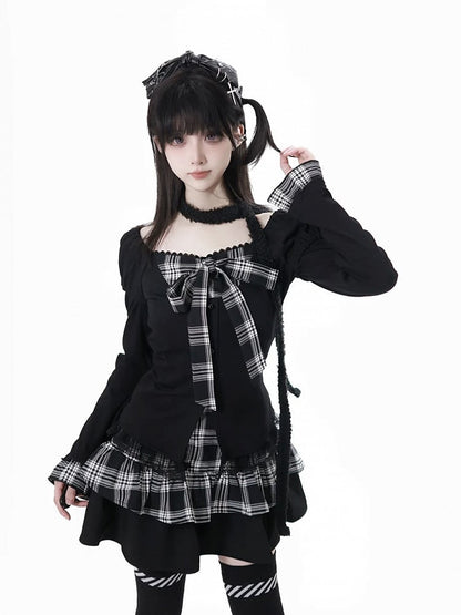 Trim Lace Bowknot and Plaid Subculture Top with Two-Piece Fashion Faux Black
