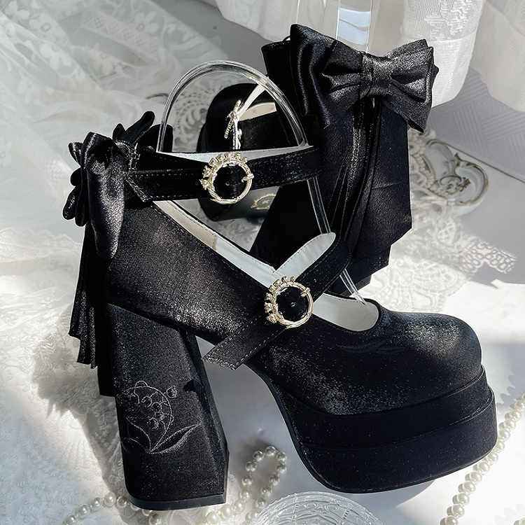the Heel Black of Embroidery Detachable High Valley Mary Bowknot Platform Janes Block Lily