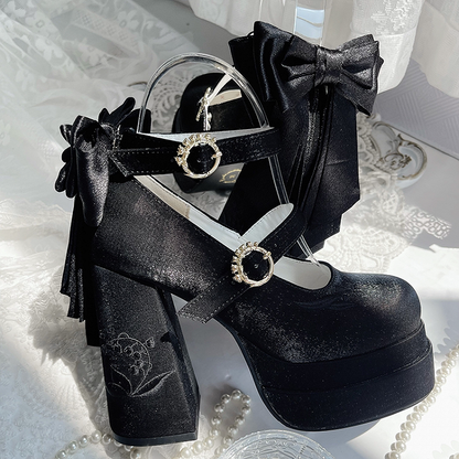 the Heel Black of Embroidery Detachable High Valley Mary Bowknot Platform Janes Block Lily