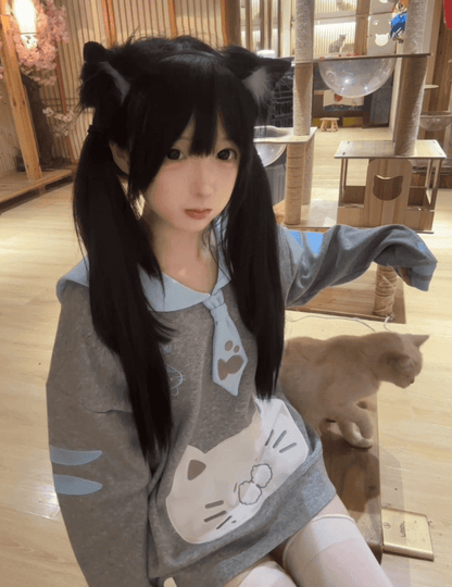 with Aesthetic Collar Girl Blue Soft Sweatshirt Cat-Ear Gray Embroidery Sailor Angel Kitten