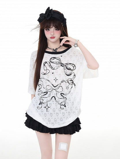 バックリボンプリント ビッグバックレスTシャツ リボン ホワイト セミシアー