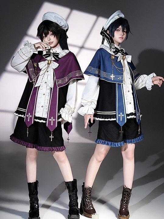 Black Bow and Striped Beret Lolita with White Golden