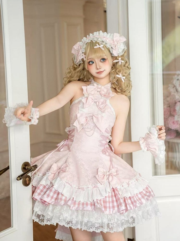 Set Accents Sweet Lolita Idol Pink Neck Bow Dress Halter Sakura / JSK Full