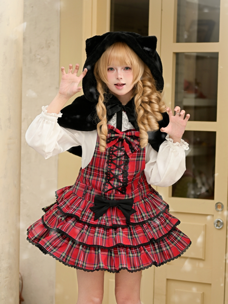 Christmas Red Plaid Tiered JSK with Criss-cross Front