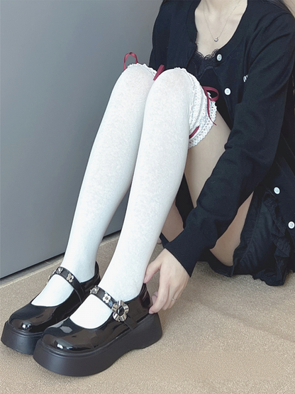 Milk White/Red/Black Bowknot Sweet Lace Trim Overknee Stockings