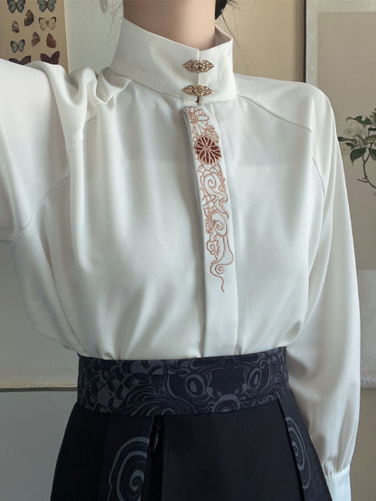 Shirt Gothic Cheongsam with Embroidery Metal Clasp White Floral