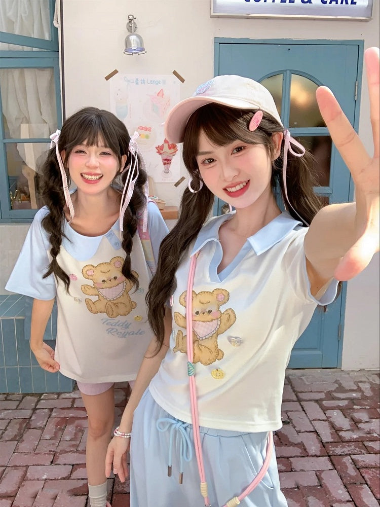 バージョンベアプリント アップル＆ハートボタン Tシャツ Vネック ホワイト ショート