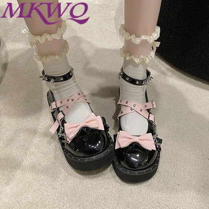 Punk Black Cat Lolita Thick Sole Platform Shoes – Sweet Cool Y2K JK Leather Flats | LilyVow