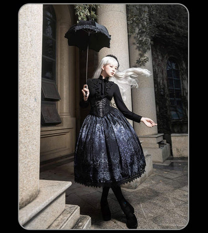 Gothic Print Skirt with Lolita and Elastic Waist Butterfly Ribs
