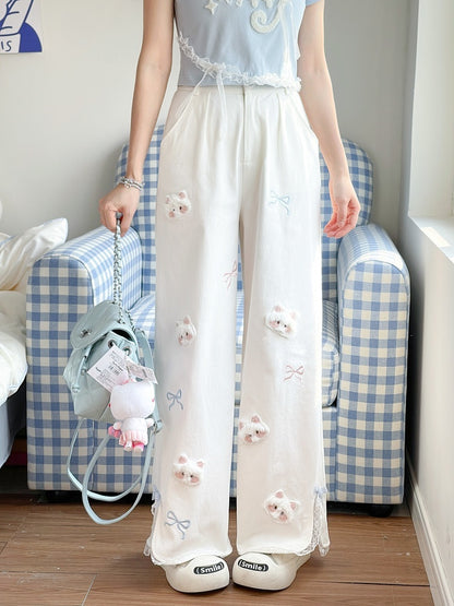 White Straight-Leg Pants Plush Kitty Appliques Bow Embroidery Regular/Short Version