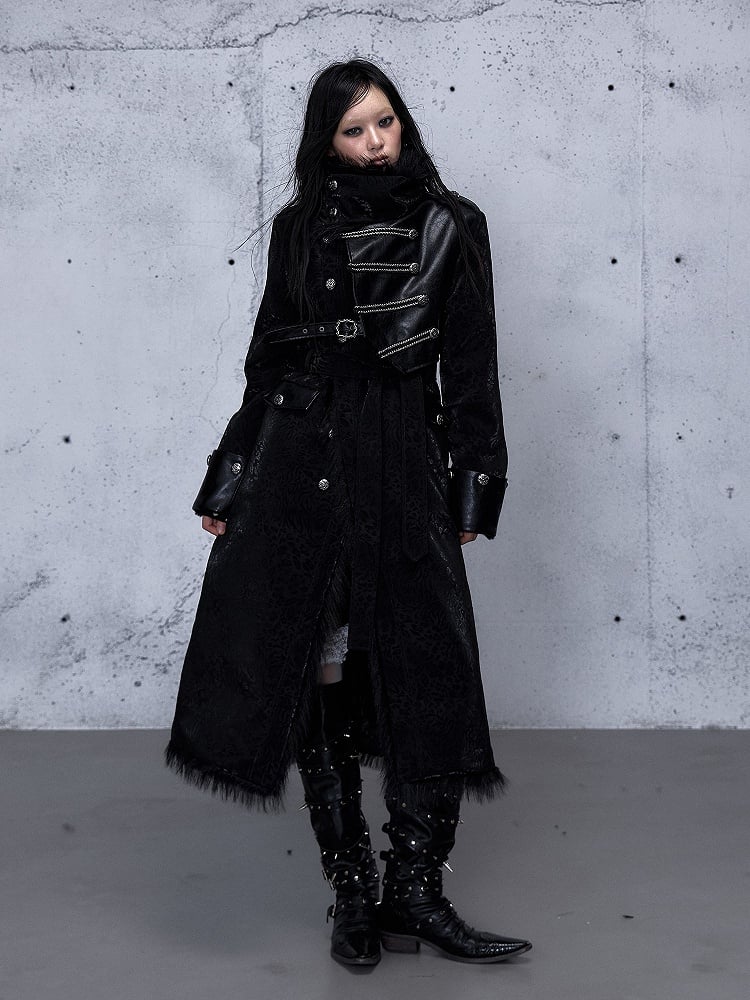 Coat 2-Way Pockets Belt Wasteland Functional Waist with Tie Black Punk