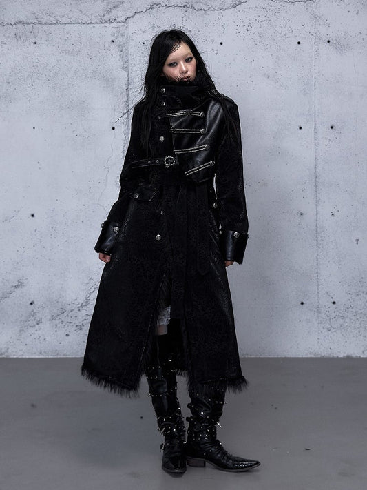 Coat 2-Way Pockets Belt Wasteland Functional Waist with Tie Black Punk