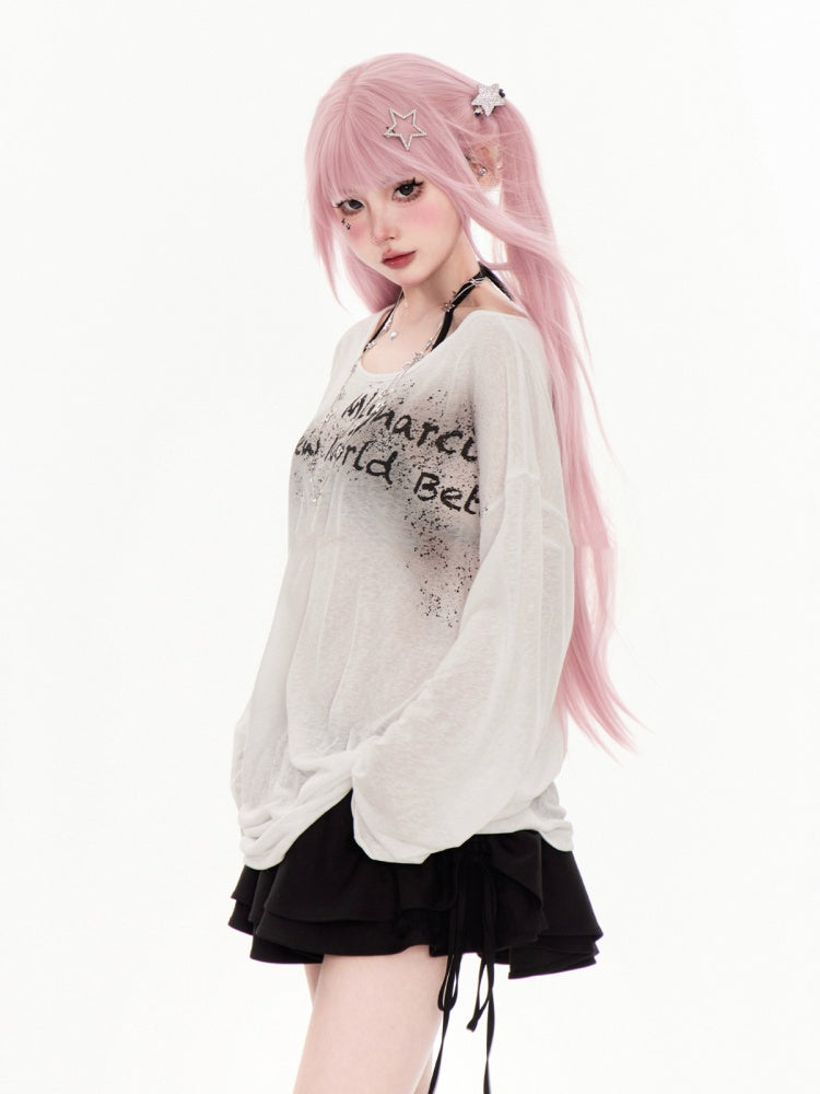 White Letter Print Coverup Semi-sheer Neckline Asymmetrical
