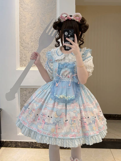 Blue Kitty and Polka Dots Pattern Sweet Lolita Overall Dress