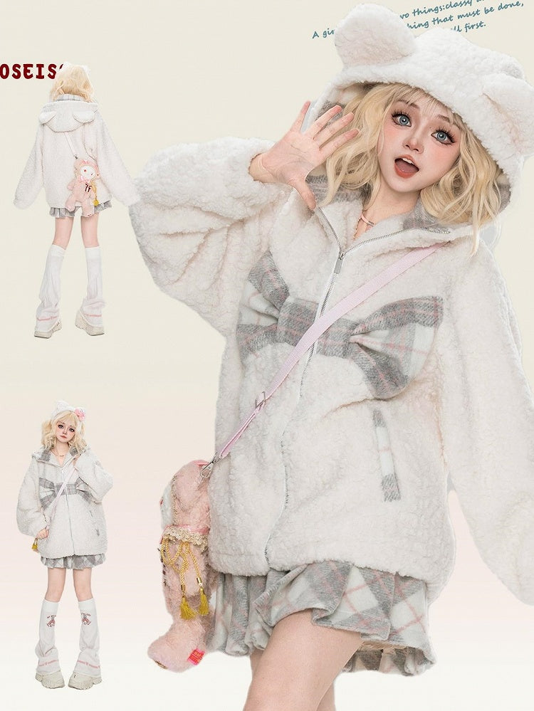 Milchweiß karierter Fleece-Kapuzenpullover mit Schleife und Bärenohren