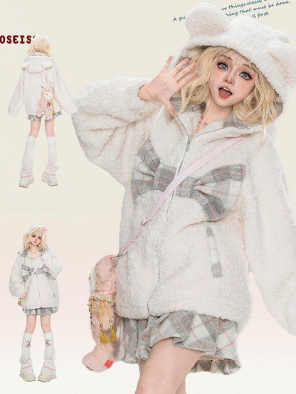 Milchweiß karierter Fleece-Kapuzenpullover mit Schleife und Bärenohren
