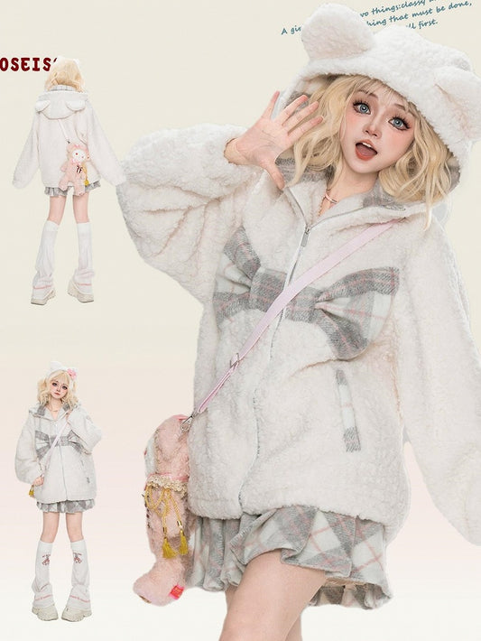 Milchweiß karierter Fleece-Kapuzenpullover mit Schleife und Bärenohren