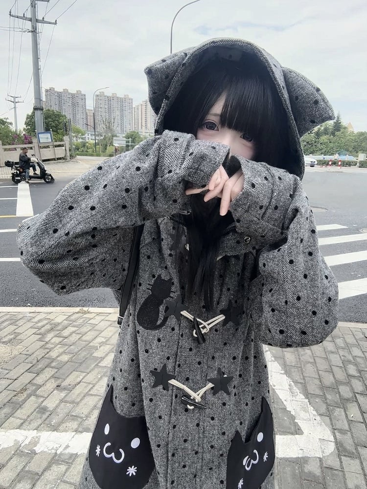 Coat Polka with Dot Cat Gray Ear Hood