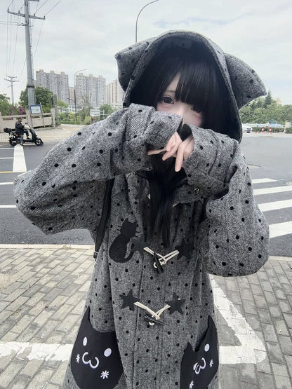 Coat Polka with Dot Cat Gray Ear Hood