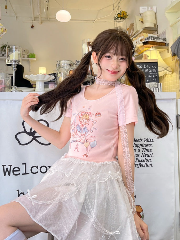 Pink/White Girl Print Lace Trim T-Shirt Cute Round Neck