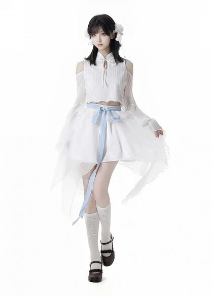 Sleeves Cropped Top White Cheongsam Collar Cutout Shoulder Bell