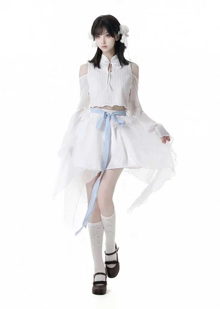 ホワイトのアシンメトリーメッシュヘムスカートバージョン（リボン付き）ショート/ロングセルフタイ