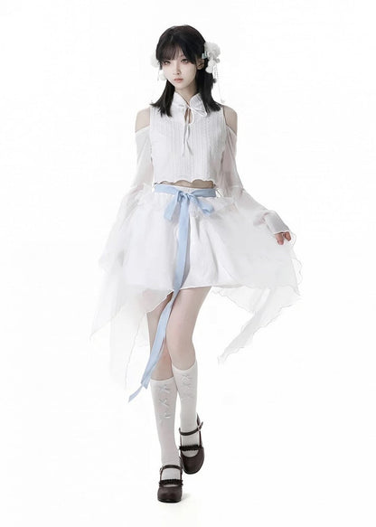 ホワイトのアシンメトリーメッシュヘムスカートバージョン（リボン付き）ショート/ロングセルフタイ