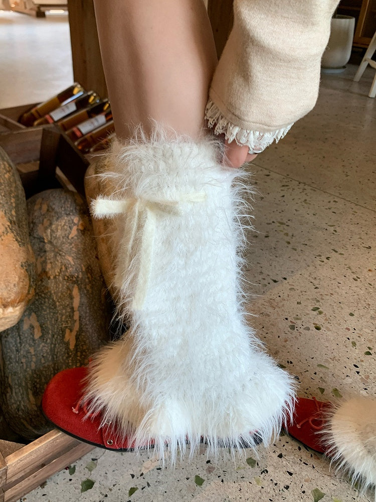 Fluffy Knit Bow Leg Warmers - Sweet Lolita Kawaii Accessory | LilyVow