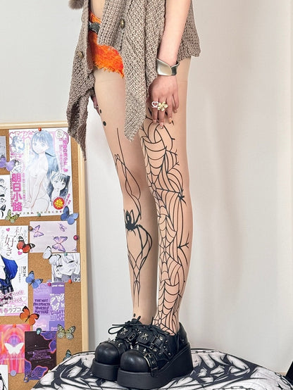 And Nude Gothic Spiderweb Print Spider Tights