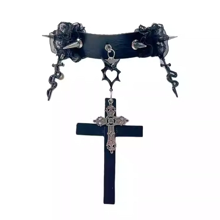 Studs Black/White And Pendant Choker Decorated Lace Cross