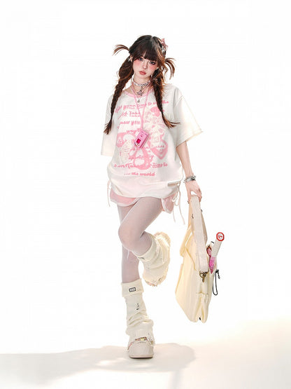 Black/White Lace Bow Appliques Drawstring Waist Sweet Graphic T-Shirt