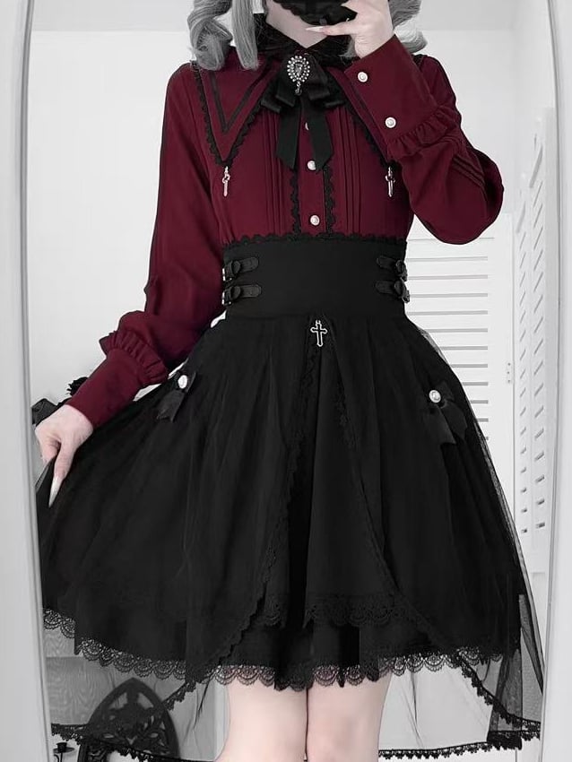 Gothic with Pointed Elegant Kei Wine Jirai Trim Charm Black Cross Blouse Lace Collar - Red