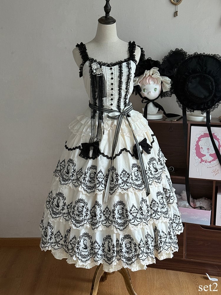 White Layered with Scalloped Black Set Rabbit Trim Skirt Top Pattern Camisole + Lolita Edge Elegant