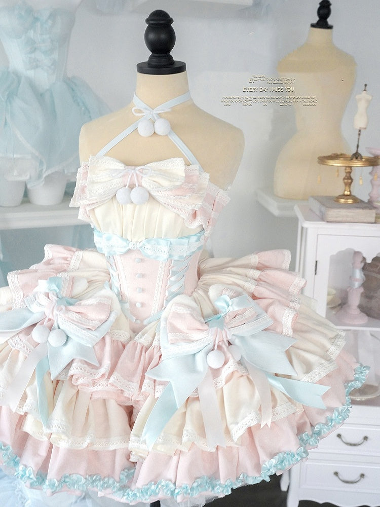 Mint Green Waist Pink Basque and Bowknots and Pompons Sweet Balletcore Puffy Lace-up Dress Decoration